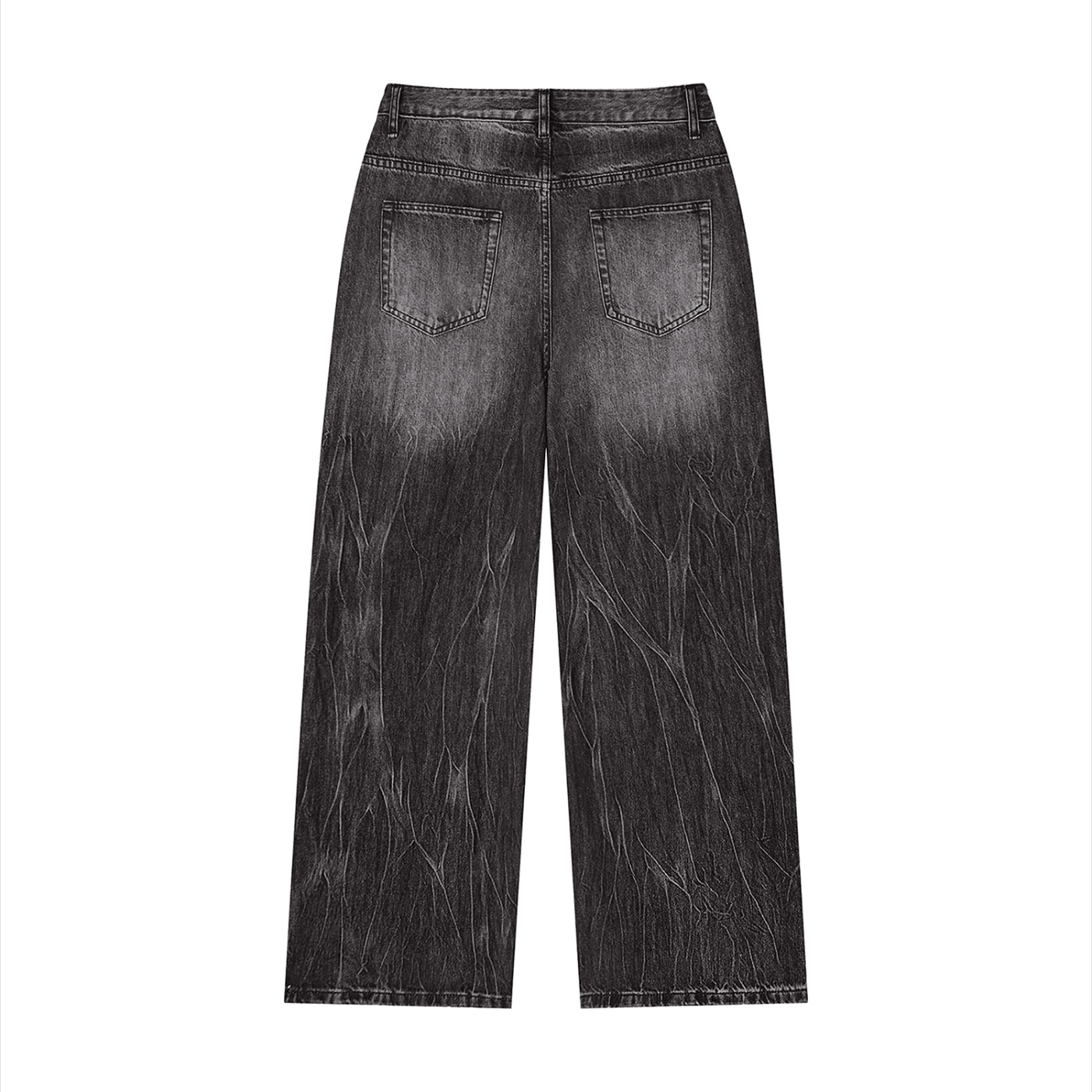 Black distressed jeans on a white background