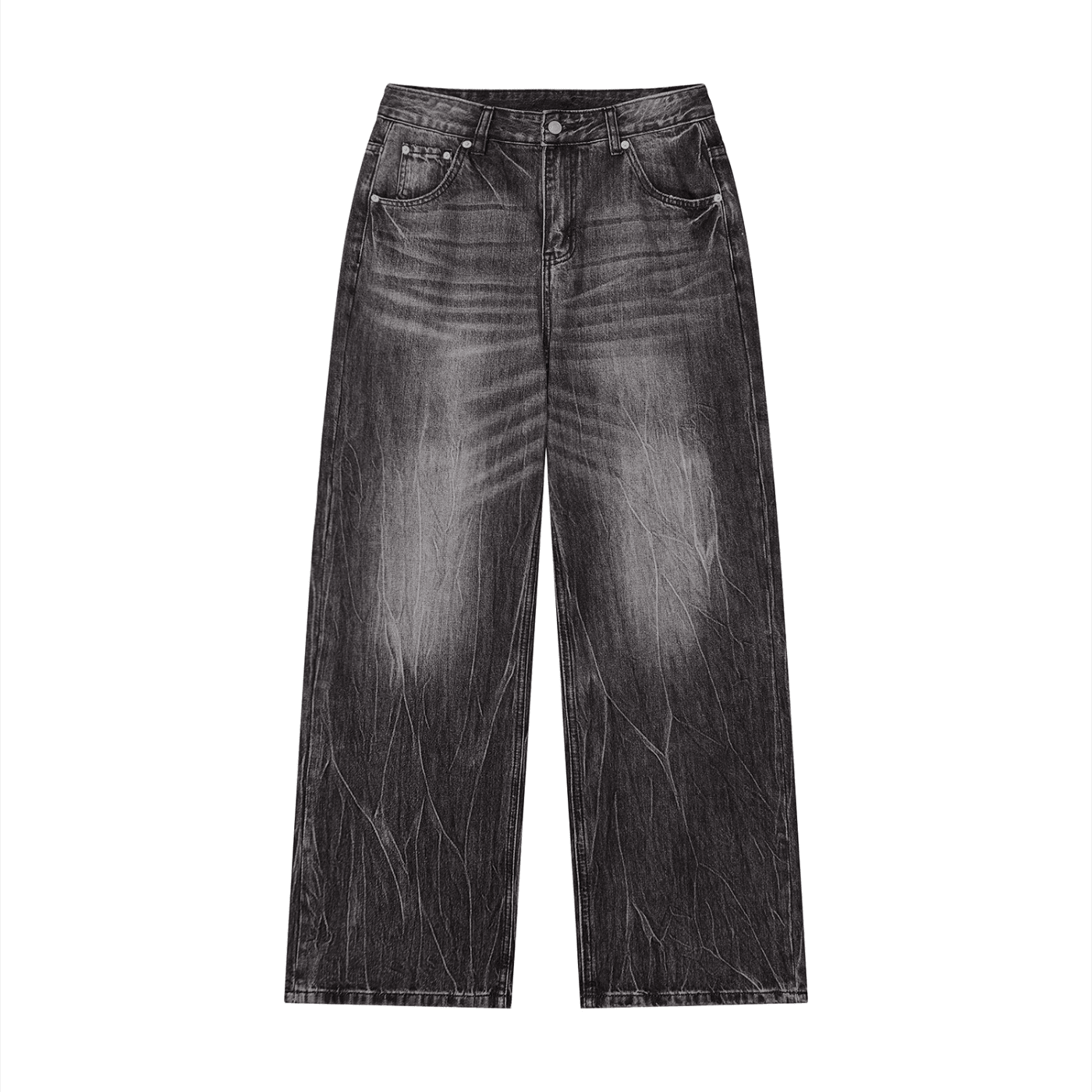 Black distressed jeans on a white background