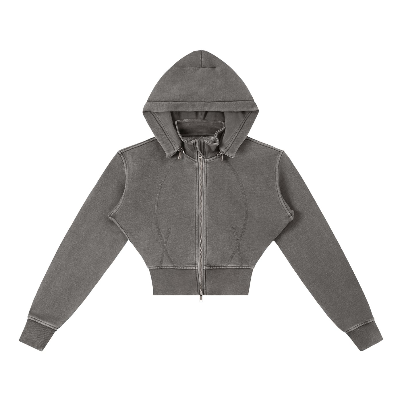 Gray hoodie with a zipper on a white background