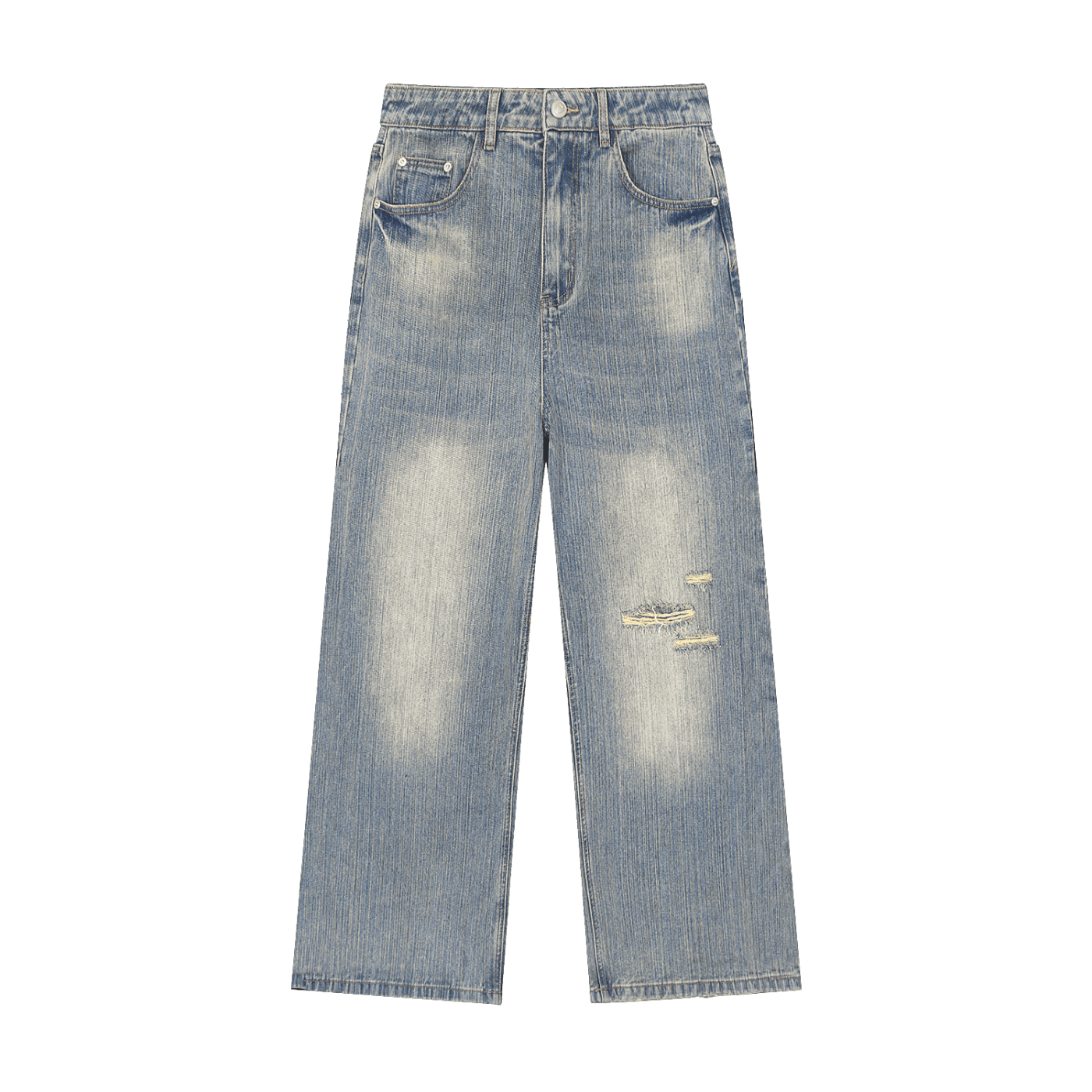 Distressed blue jeans on a white background
