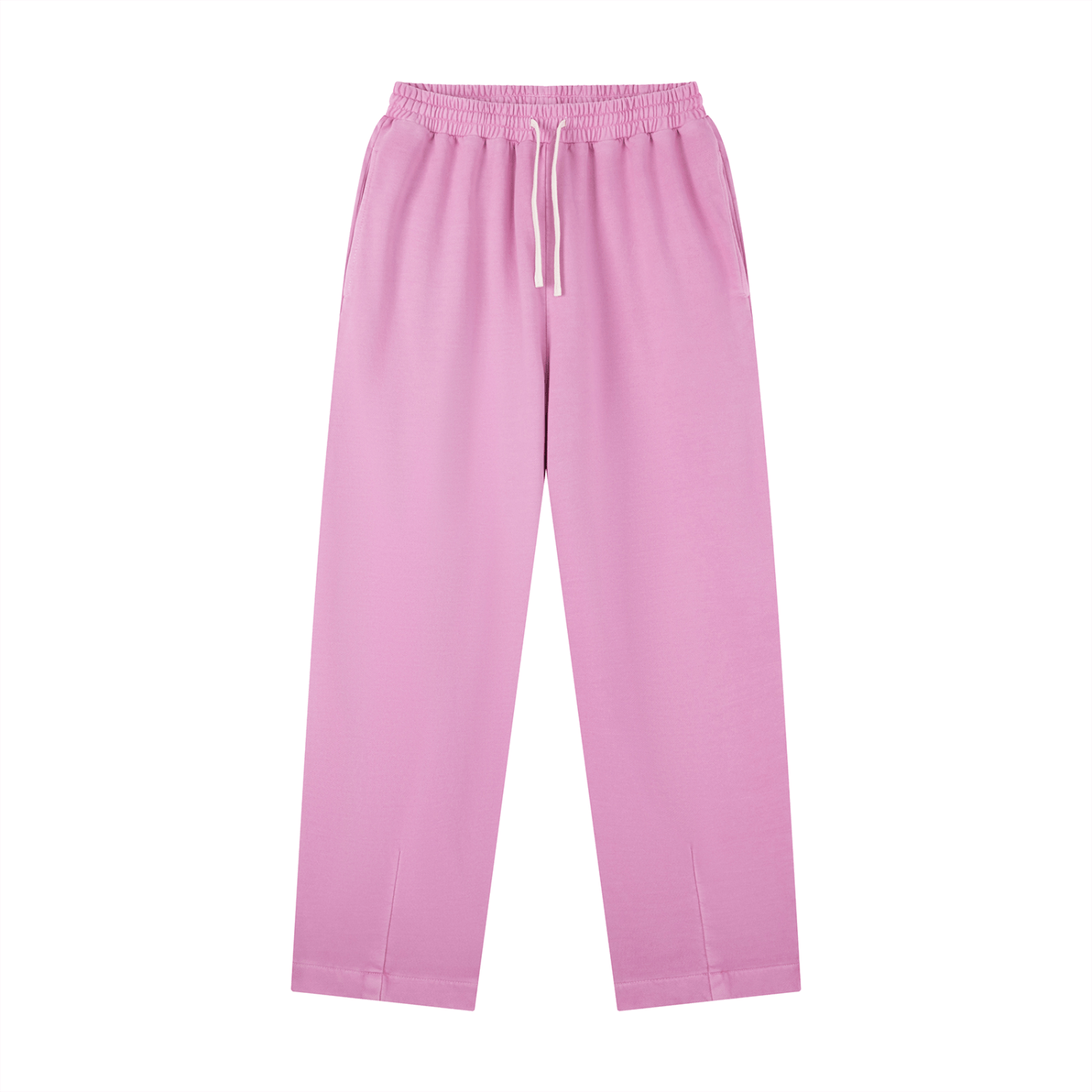 Pink sweatpants with a drawstring on a white background
