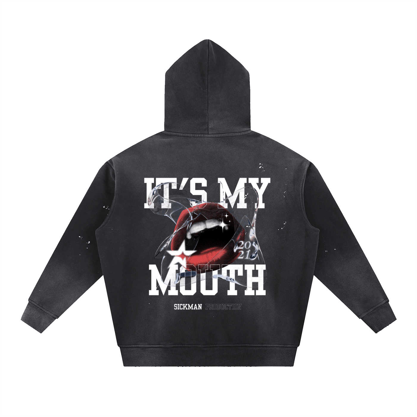 A black hooded sweatshirt shown from the back, featuring a large graphic print of a red and black mouth with white text reading 'IT'S MY MOUTH' and smaller 'SICKMAN' branding below.