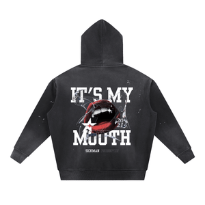 A black hooded sweatshirt shown from the back, featuring a large graphic print of a red and black mouth with white text reading 'IT'S MY MOUTH' and smaller 'SICKMAN' branding below.