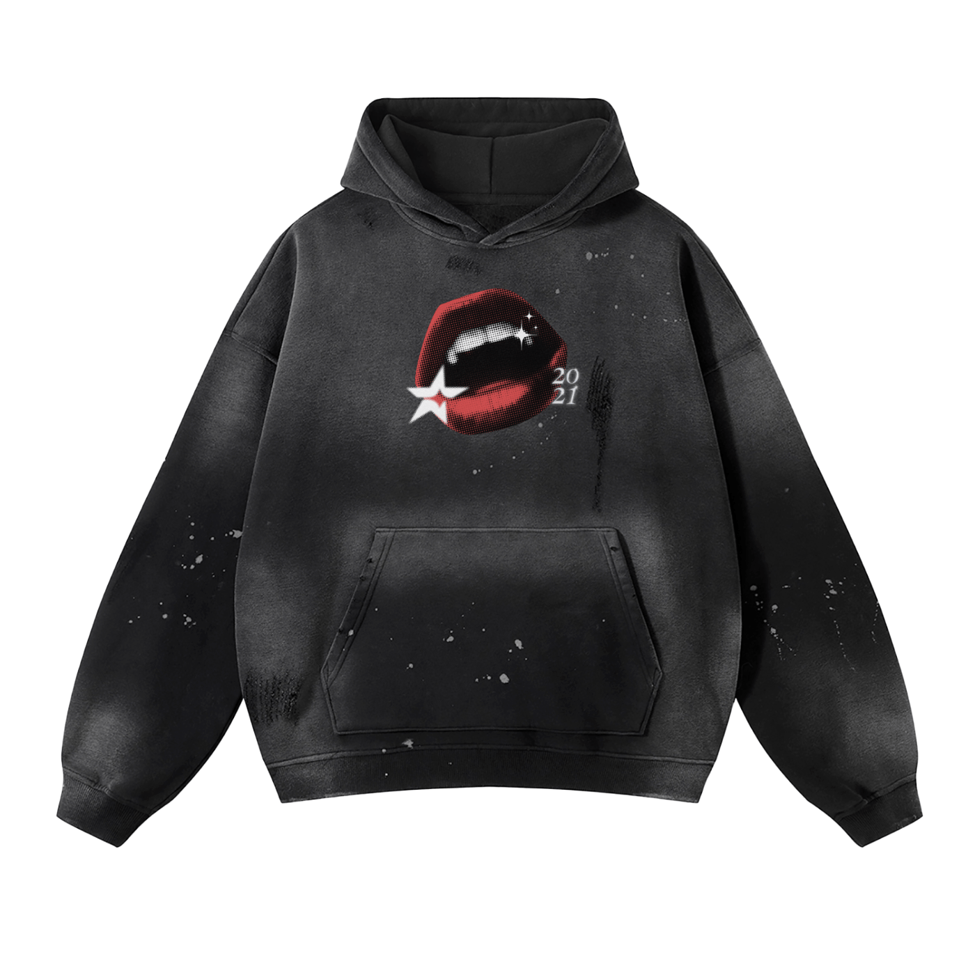 Black hoodie with graphic design on a white background