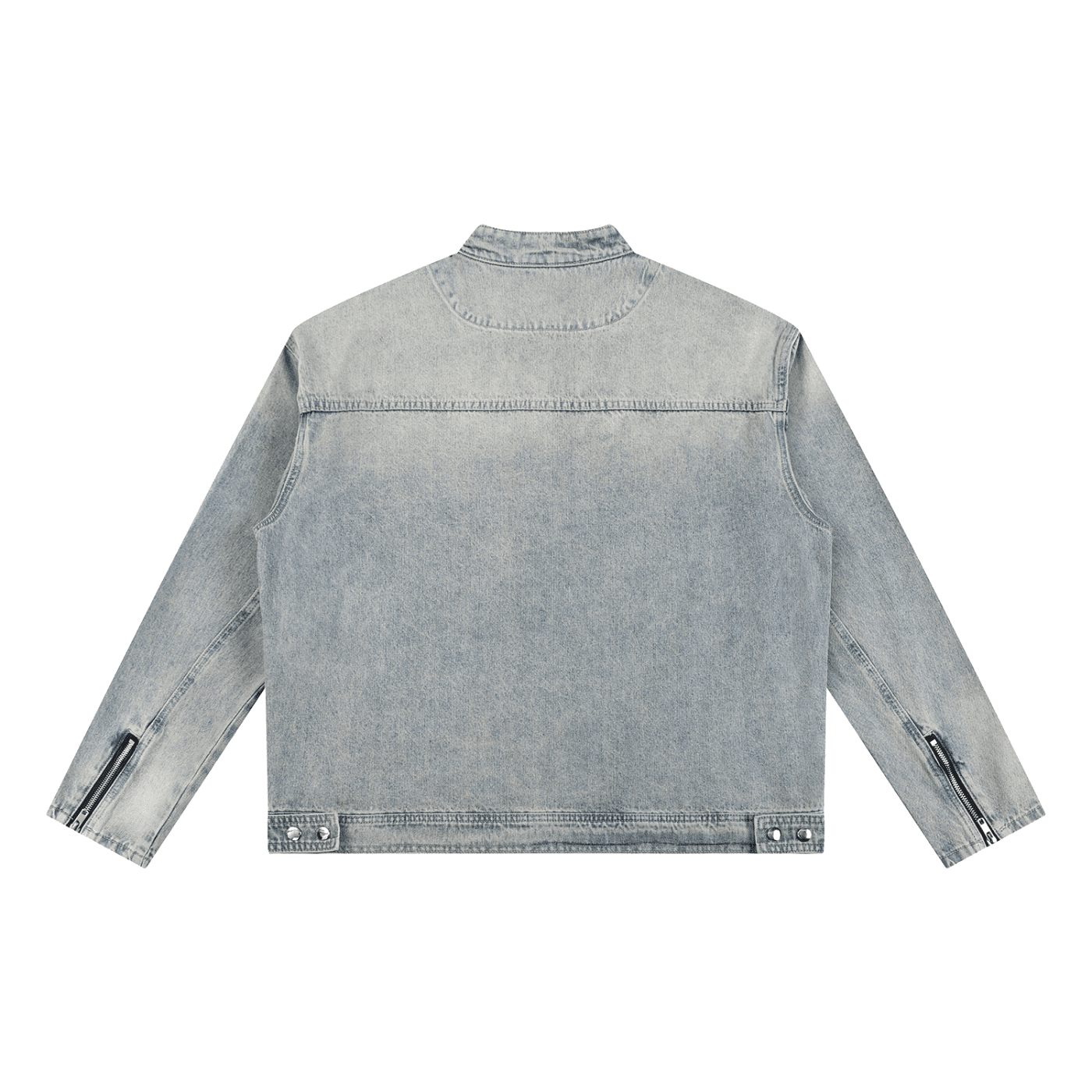 Back view of a light blue denim jacket on a white background