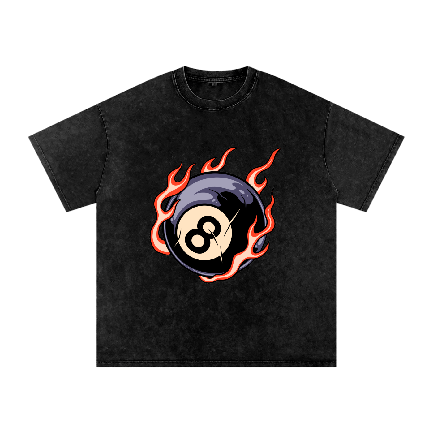 Black t-shirt with an eight-ball design in flames on a white background