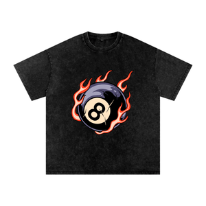 Black t-shirt with an eight-ball design in flames on a white background
