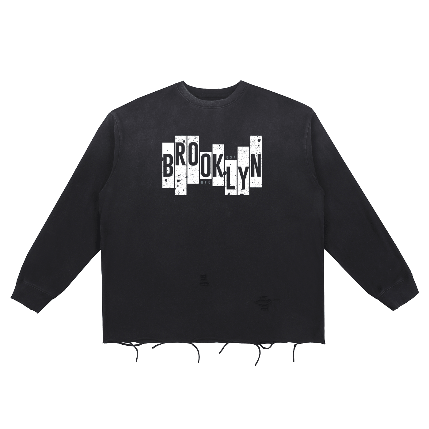 Black sweatshirt with white graphic and text on a white background