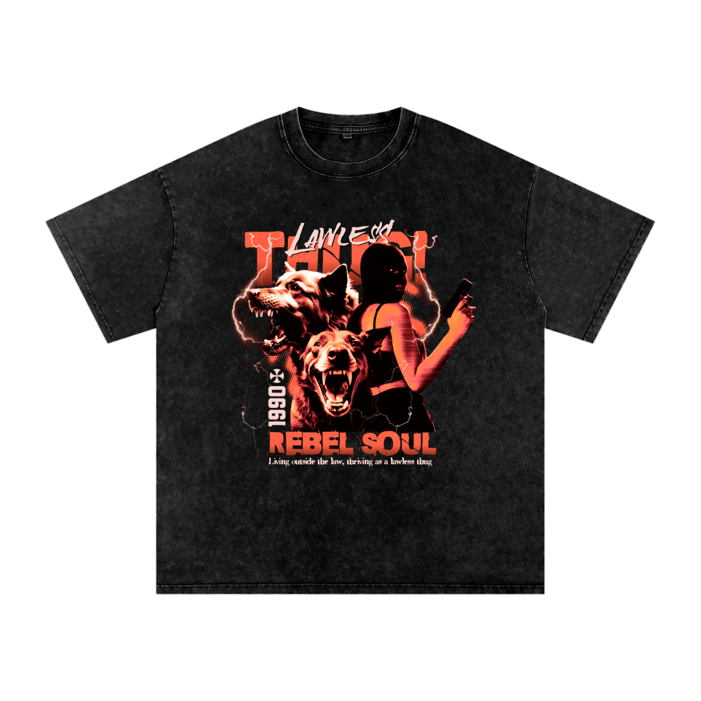 Black t-shirt with graphic design of a woman and wolf, text 'Lawless Rebel Soul' on a white background