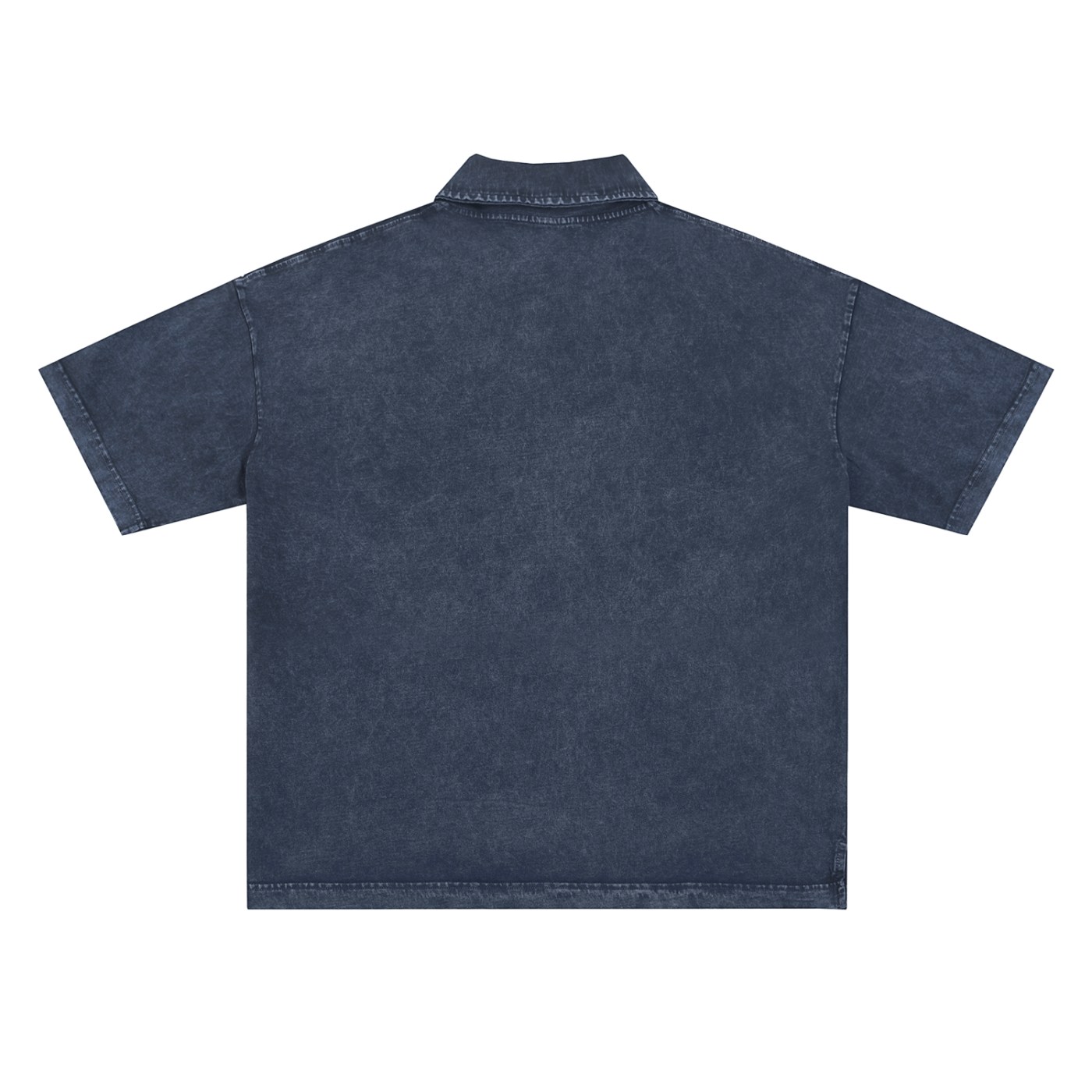 Back view of a blue denim shirt on a white background