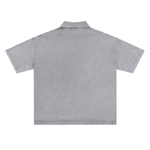 Back view of a gray short-sleeve shirt on a white background