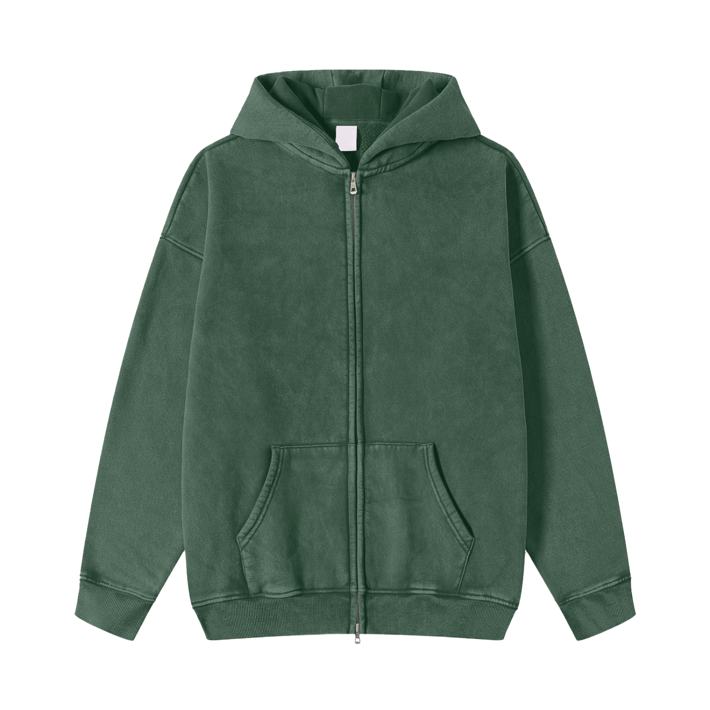 Green hoodie with a zipper on a white background