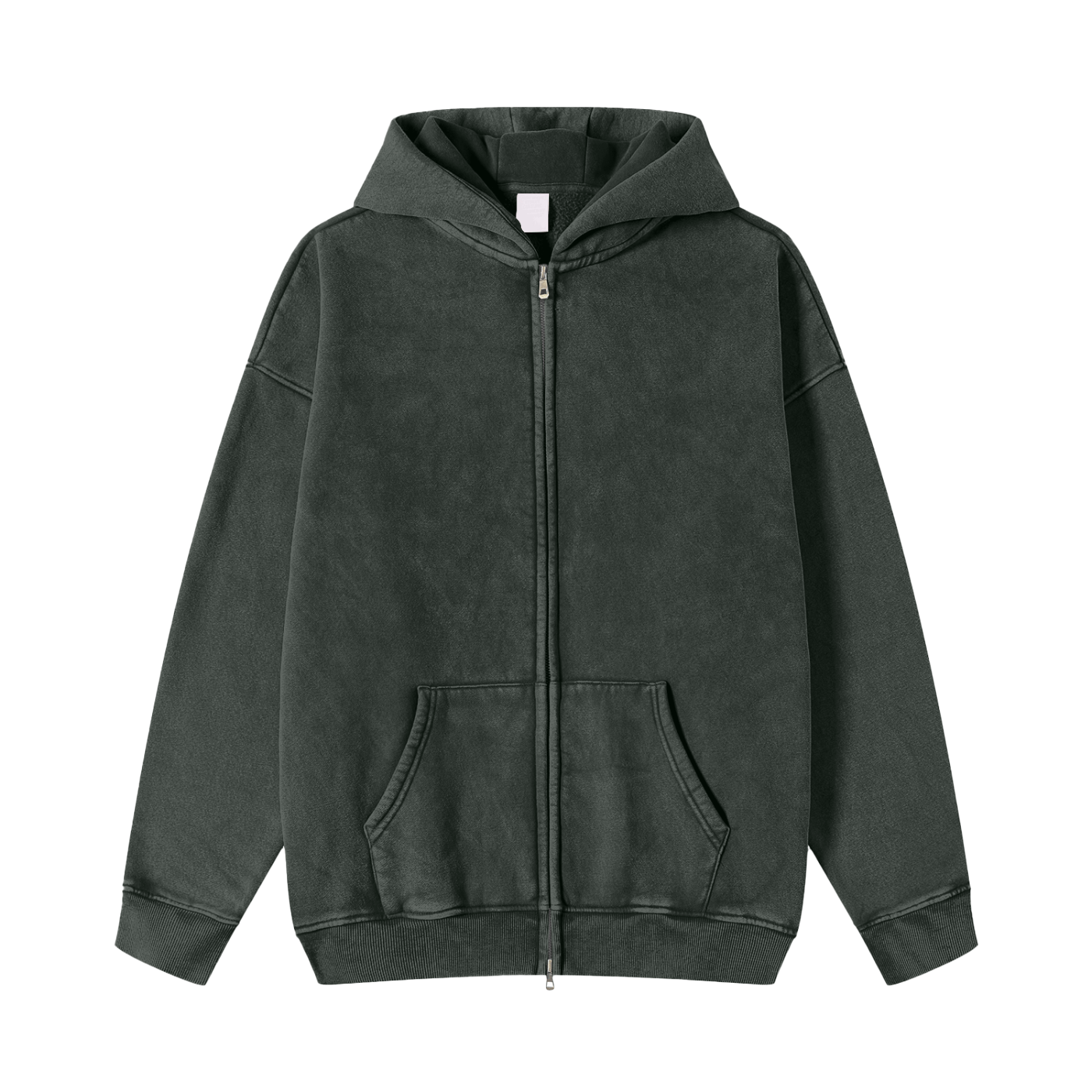 Dark gray hoodie with a zipper on a white background