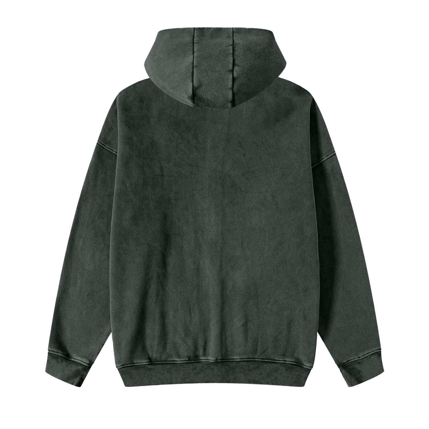 Back view of a dark gray hoodie on a white background