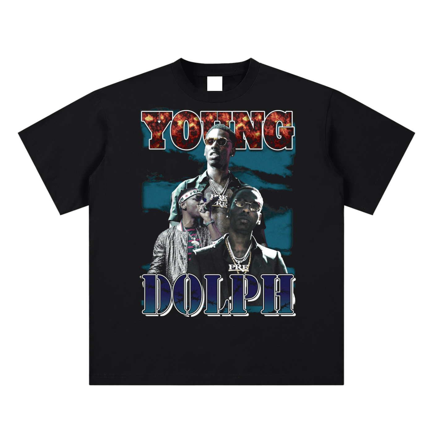 Black t-shirt with 'Young Dolph' graphic design on a white background