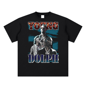 Black t-shirt with 'Young Dolph' graphic design on a white background