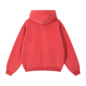 Red hoodie shown from the back on a white background